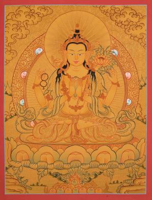 Hand-Painted Gold Chengrezig Thangka | Tibetan Buddhism Arts | Bodhisattva Thangka Painting
